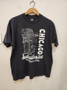 VTG Fruit of the Loom Best T Shirt Mens XL Black Chicago City Map Single Stitch